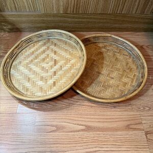 2 Round, Handwoven Bamboo Trays designed for serving or rustic home decor
